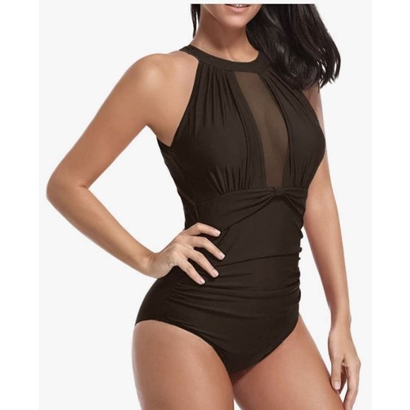 Tempt Me High Neck Mesh Plunge Ruched Swimsuit M - Picture 3 of 6